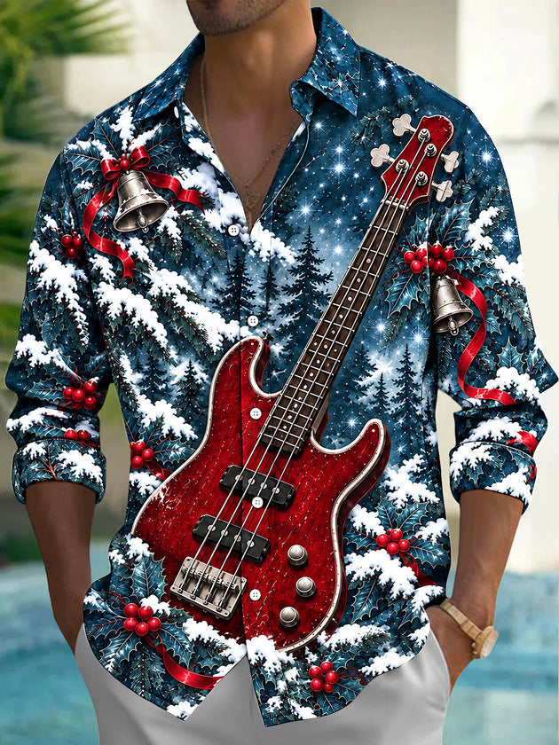 Adaychic Men's Long Sleeve Shirt - Christmas Snowy Forest And Holly Print Red Bass Guitar Print with Chest Pocket