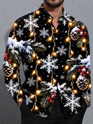 Adaychic Men's Long Sleeve Shirt - Christmas Snowflakes Pine Cones And Fairy Lights Print with Chest Pocket