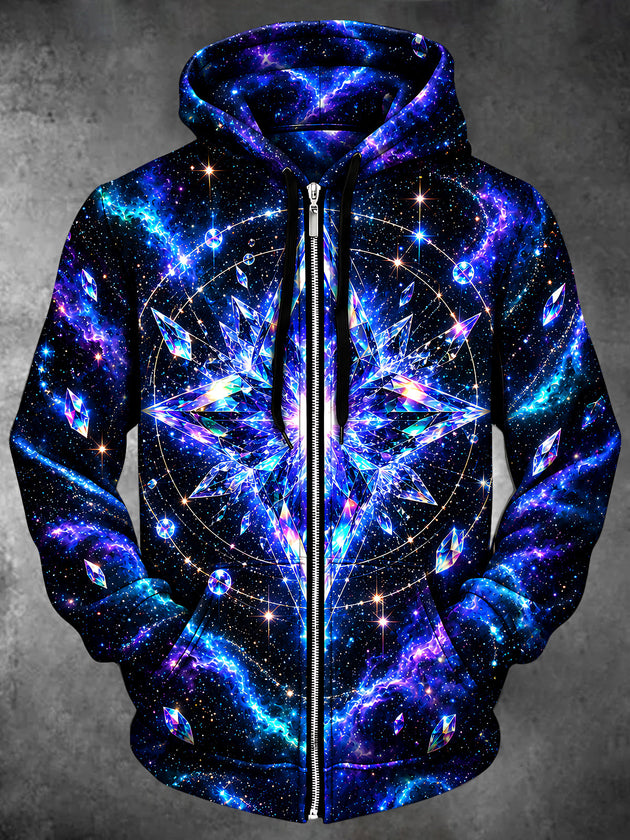 Adaychic Men's Long Sleeve Zip-Up Hoodie - Crystal Snowflake And Galaxy Stars Print