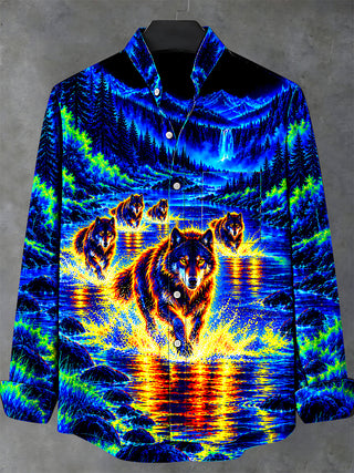 Adaychic Men's Long Sleeve Stand Collar Shirt - Psychedelic Wolves In River Landscape Print