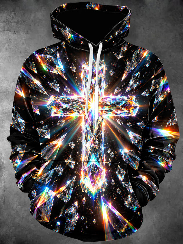 Adaychic Men's Graphic Crystal Holy Light Cross Print Long Sleeve Hoodie