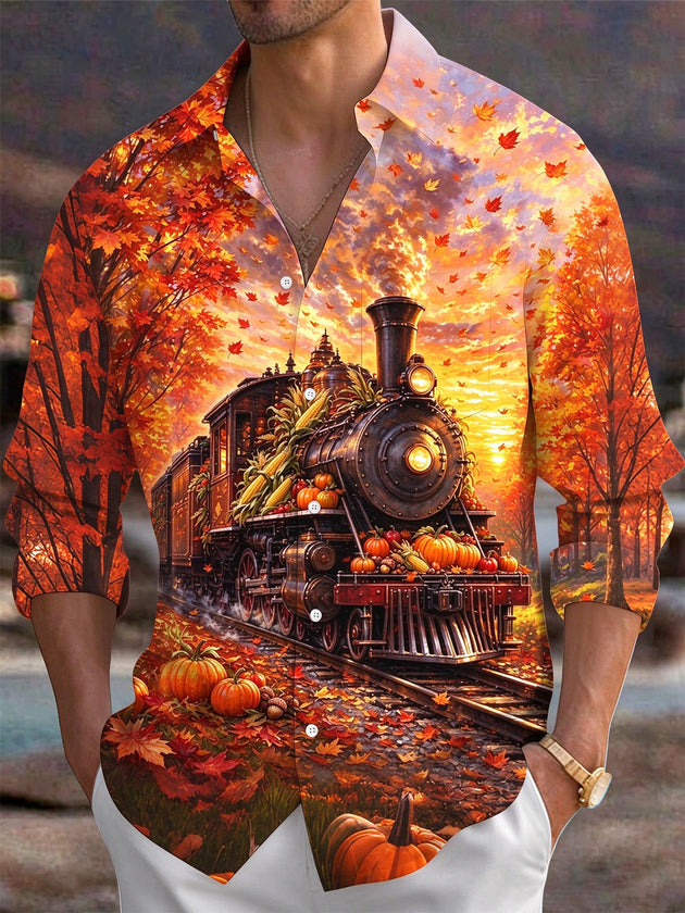 Adaychic Men's Long Sleeve Shirt - Thanksgiving Autumn Train With Pumpkins And Corn Print with Chest Pocket
