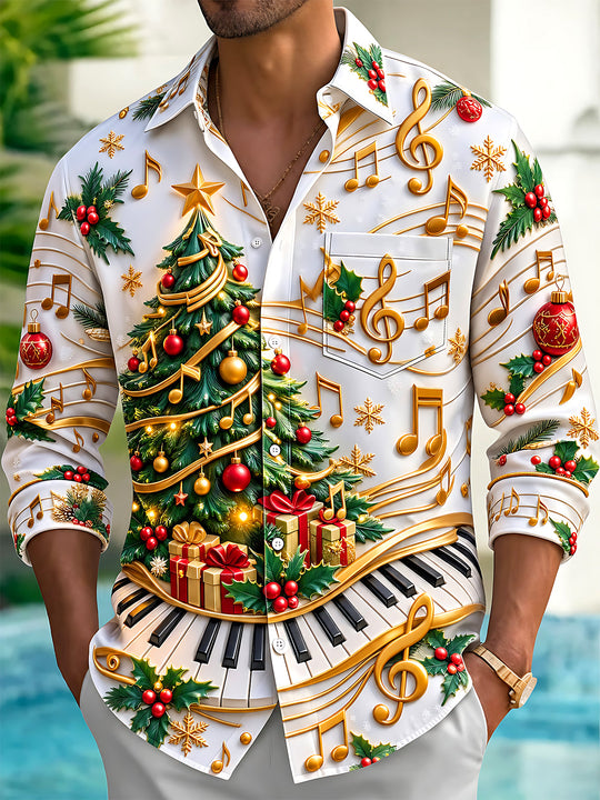 Adaychic Men's Graphic Christmas Tree Print Long Sleeve Shirt with Chest Pocket
