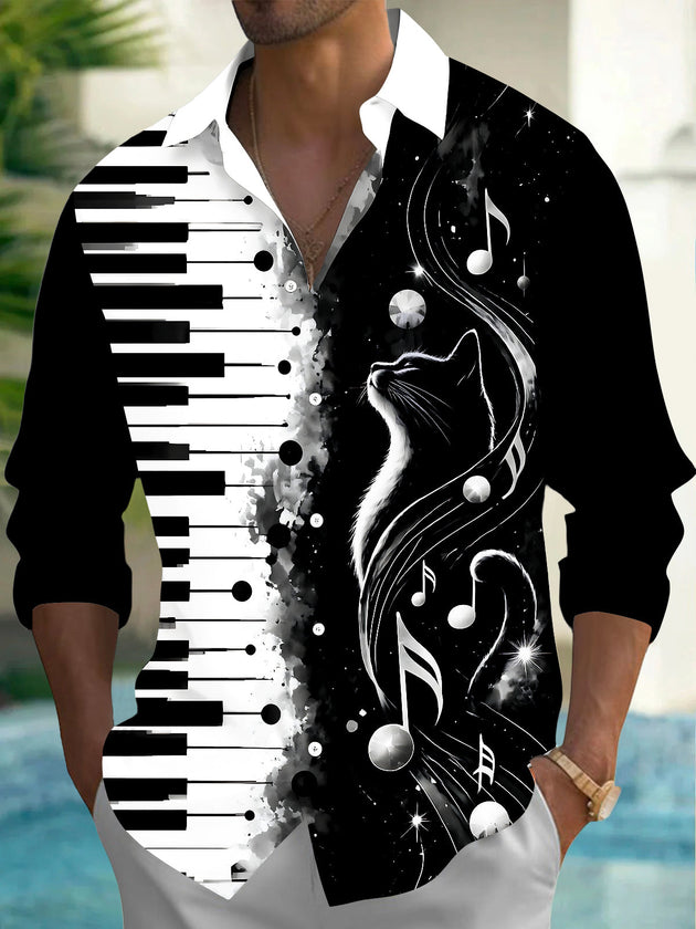 Adaychic Men's Piano Keys And Cat With Musical Notes Print Long Sleeve Shirt with Chest Pocket
