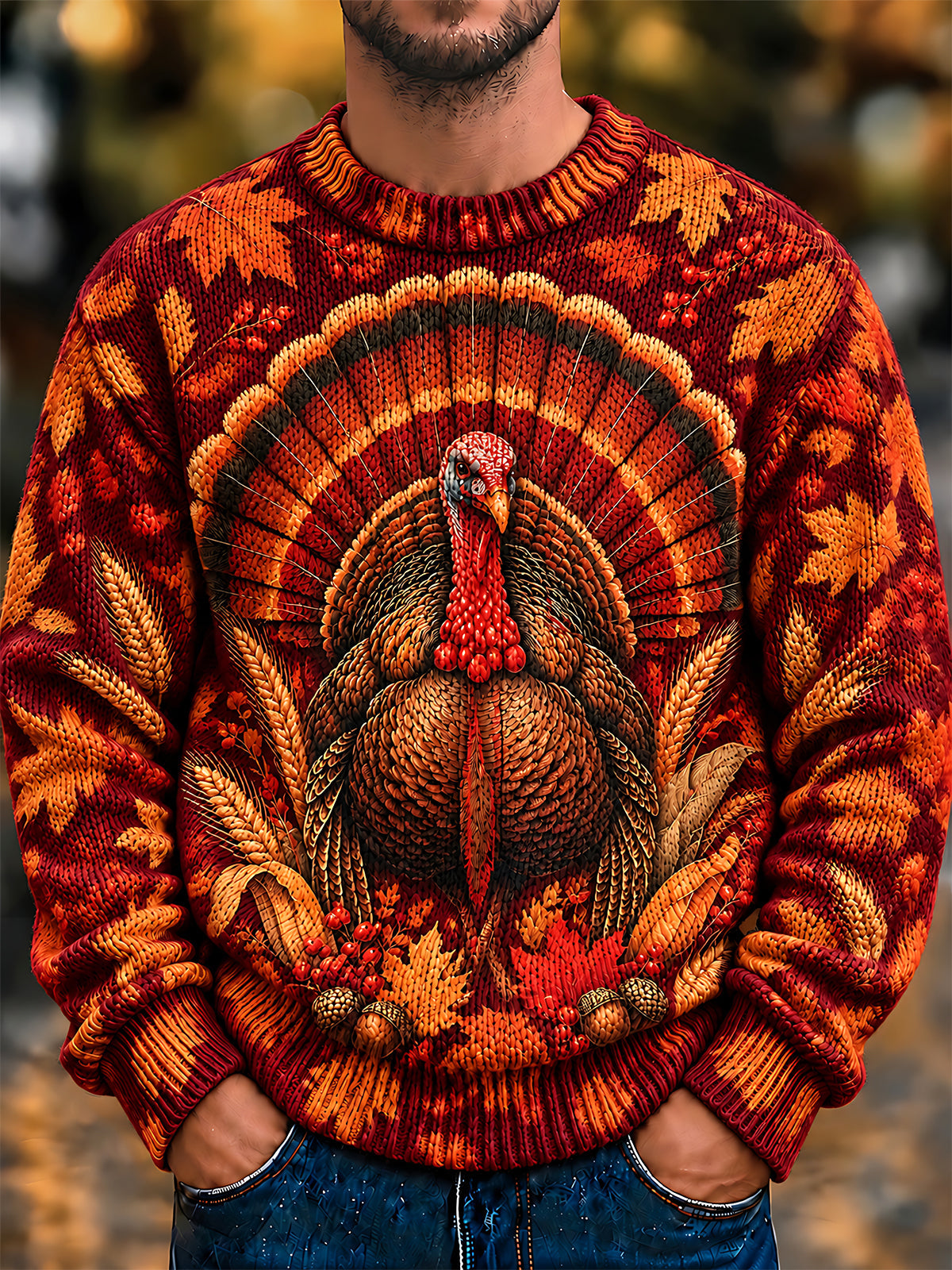 Adaychic Men's Long Sleeve Sweater - Thanksgiving Turkey With Maple Leaves And Wheat Print