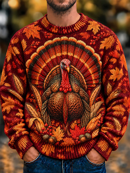Adaychic Men's Long Sleeve Sweater - Thanksgiving Turkey With Maple Leaves And Wheat Print