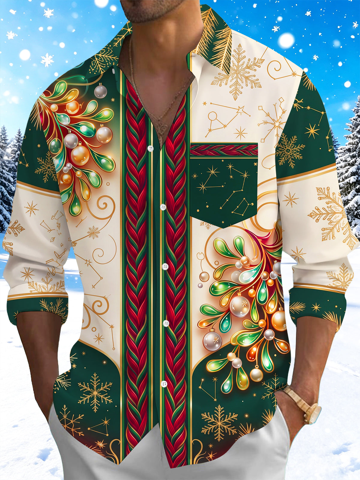 Adaychic Men's Christmas Ornaments And Snowflakes Print Long Sleeve Shirt with Chest Pocket