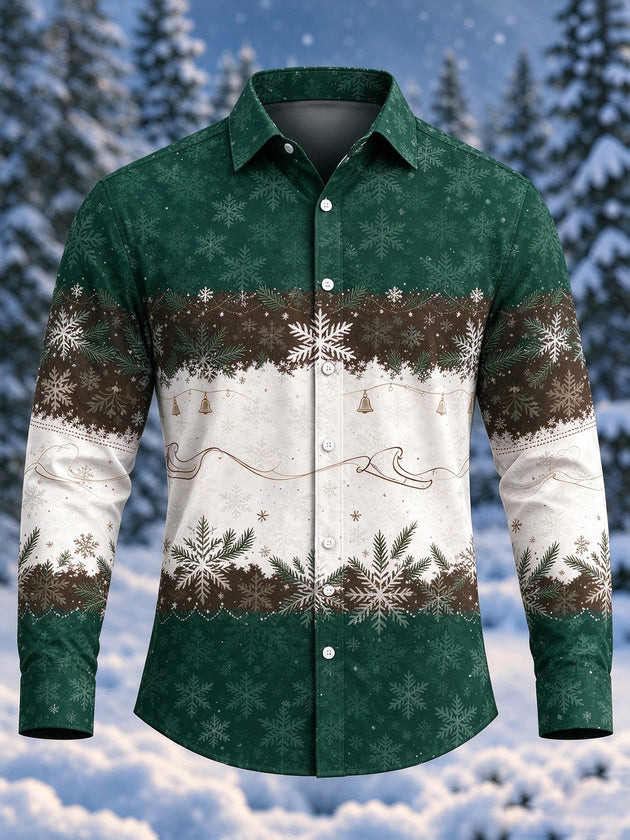 Adaychic Men's Christmas Snowflakes And Pine Branches Print Long Sleeve Shirt with Chest Pocket