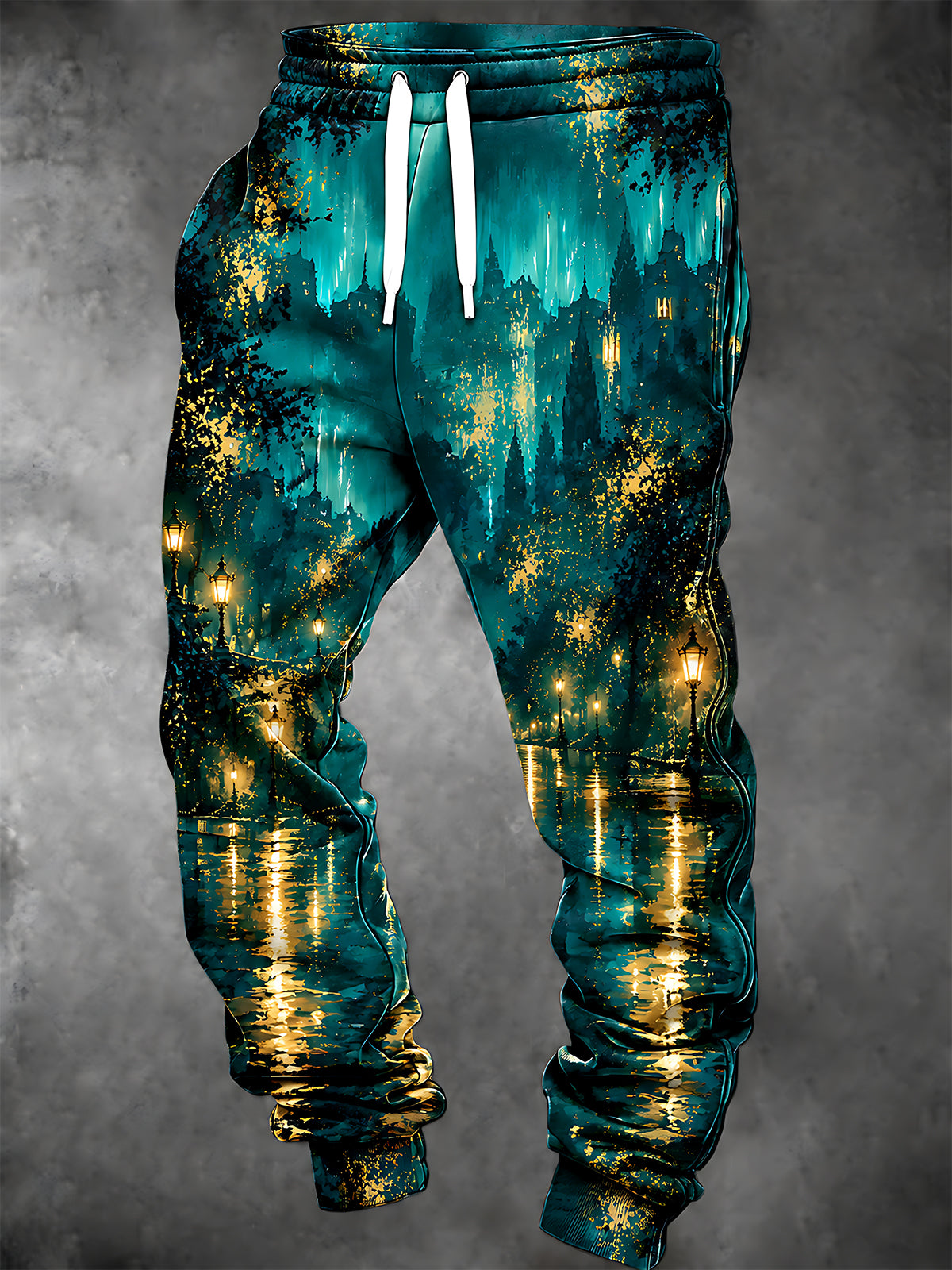 Adaychic Men's Pants - Night Scene Cityscape With Street Lamps And Water Reflections Print