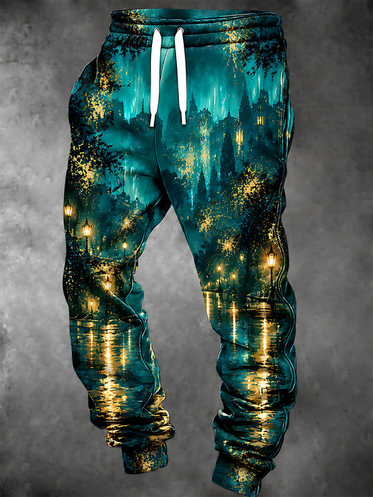 Adaychic Men's Pants - Night Scene Cityscape With Street Lamps And Water Reflections Print