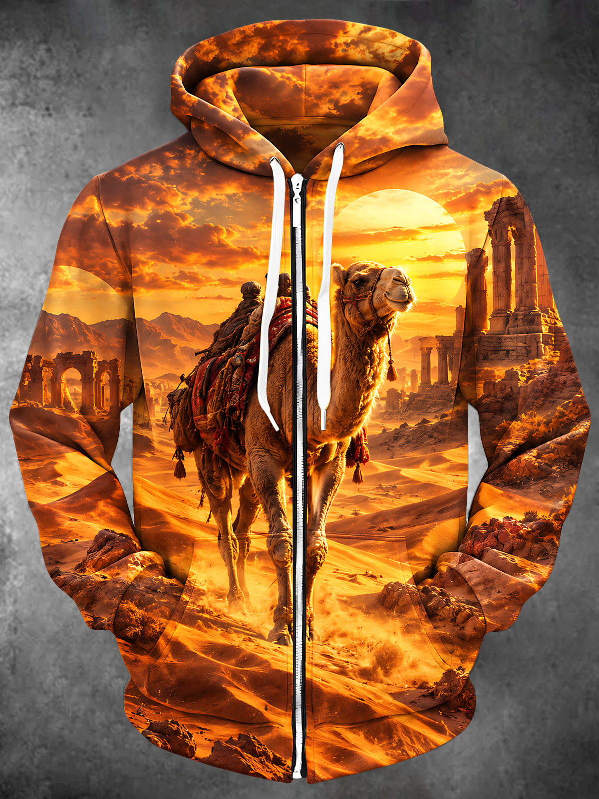 Adaychic Men's Desert Camel With Ancient Ruins Print Long Sleeve Zip-Up Hoodie