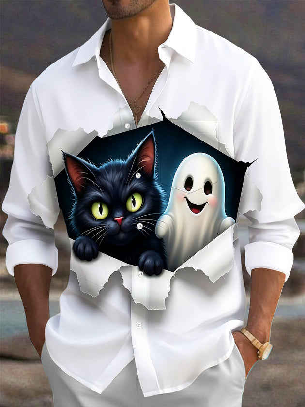 Adaychic Men's Graphic Halloween Black Cat And Ghost Print Long Sleeve Shirt with Chest Pocket