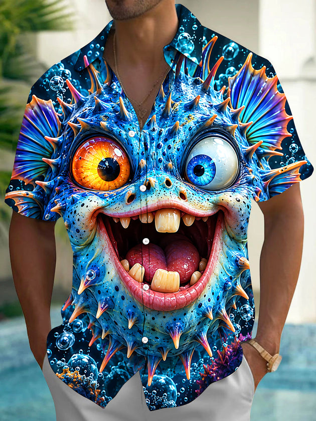Adaychic Men's Hawaiian Funny Puffer Fish With Bubbles Print Short Sleeve Shirt with Chest Pocket