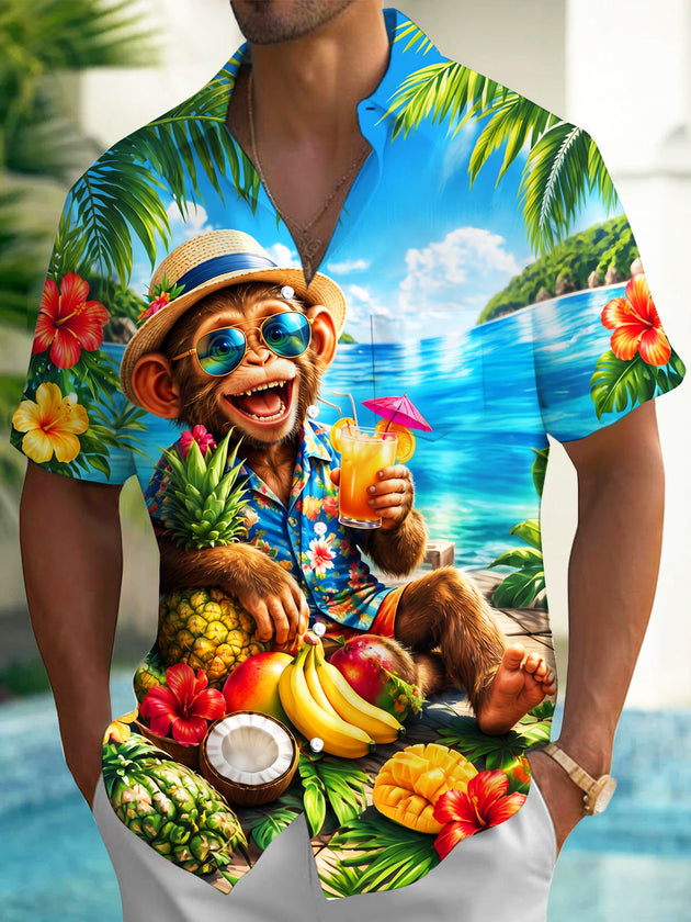Adaychic Men's Monkey With Tropical Fruits And Drinks Print Short Sleeve Shirt with Chest Pocket