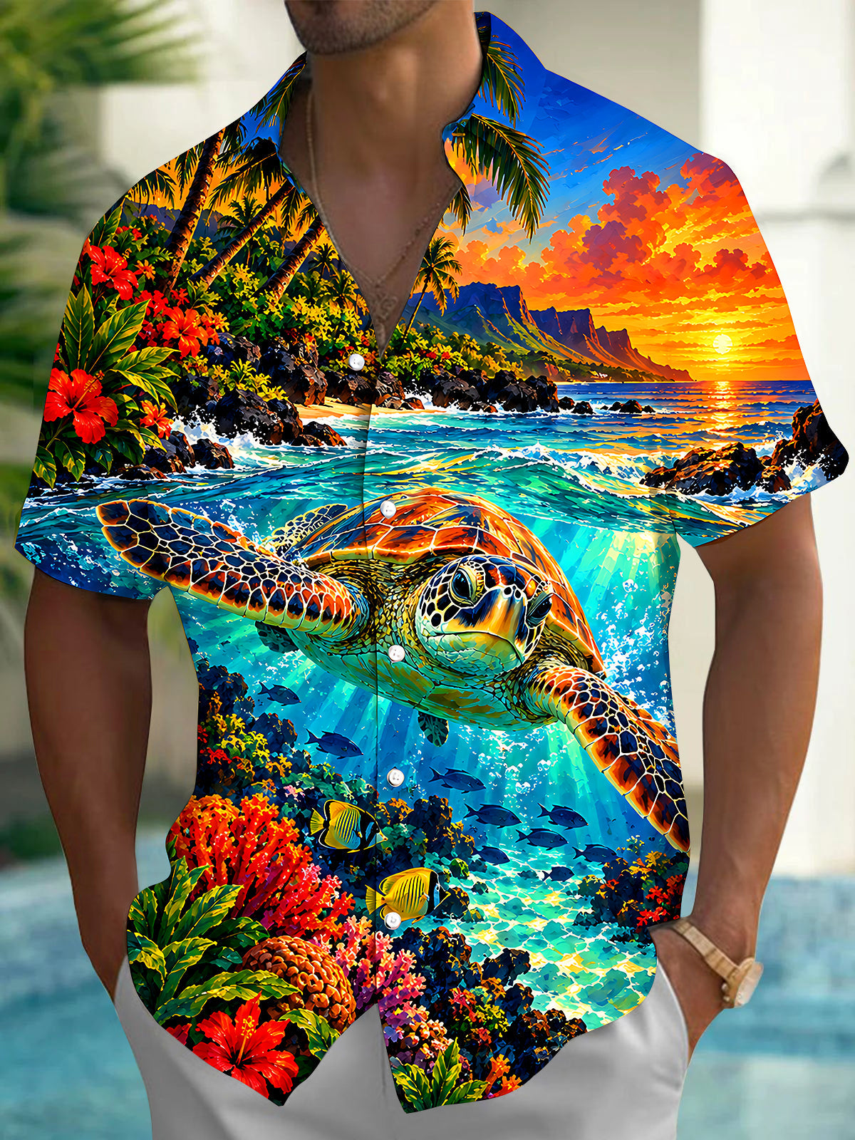 Adaychic Men's Hawaiian Sea Turtle And Coral Reef Print Short Sleeve Shirt with Chest Pocket