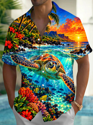 Adaychic Men's Hawaiian Sea Turtle And Coral Reef Print Short Sleeve Shirt with Chest Pocket