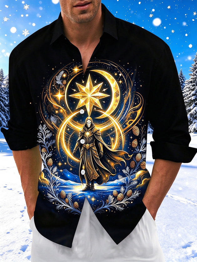 Adaychic Men's Cloaked Warrior With Moon And Star Print Long Sleeve Shirt with Chest Pocket