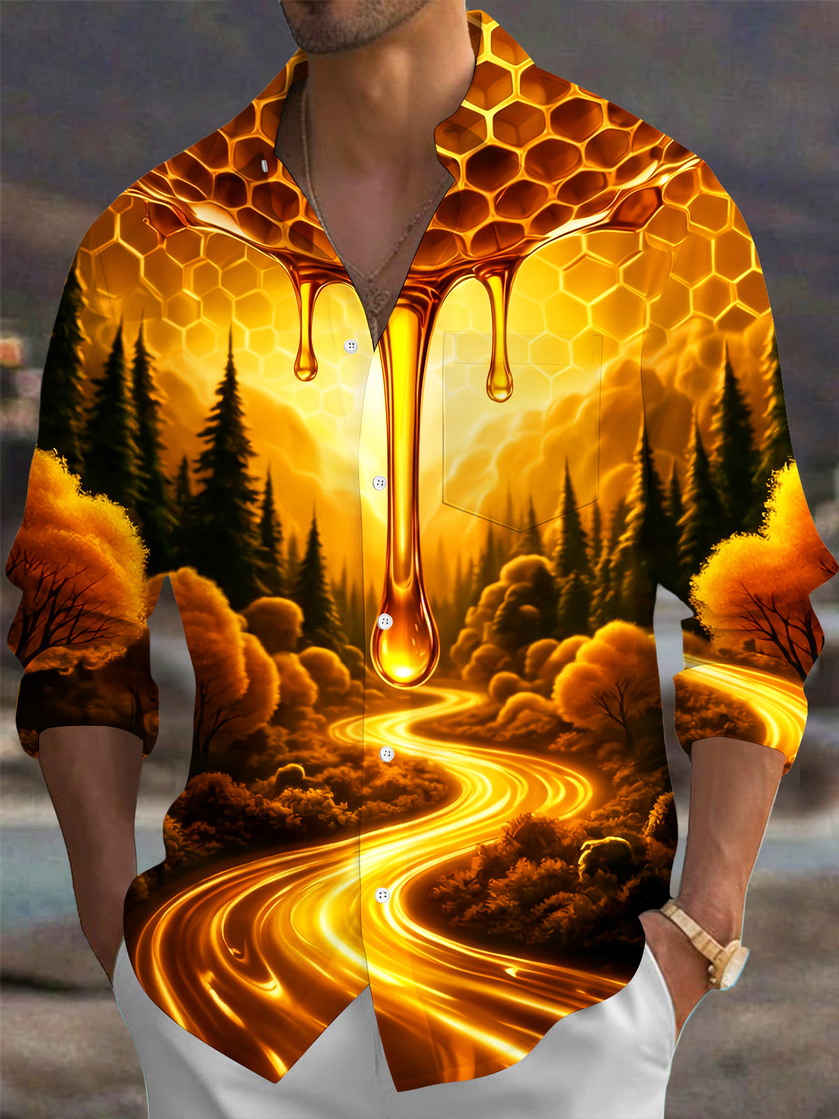 Adaychic Men's Printed Honeycomb And Dripping Honey Print Long Sleeve Shirt with Chest Pocket