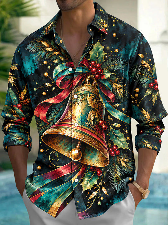 Adaychic Men's Hawaiian Christmas Bells And Holly Print Long Sleeve Shirt with Chest Pocket