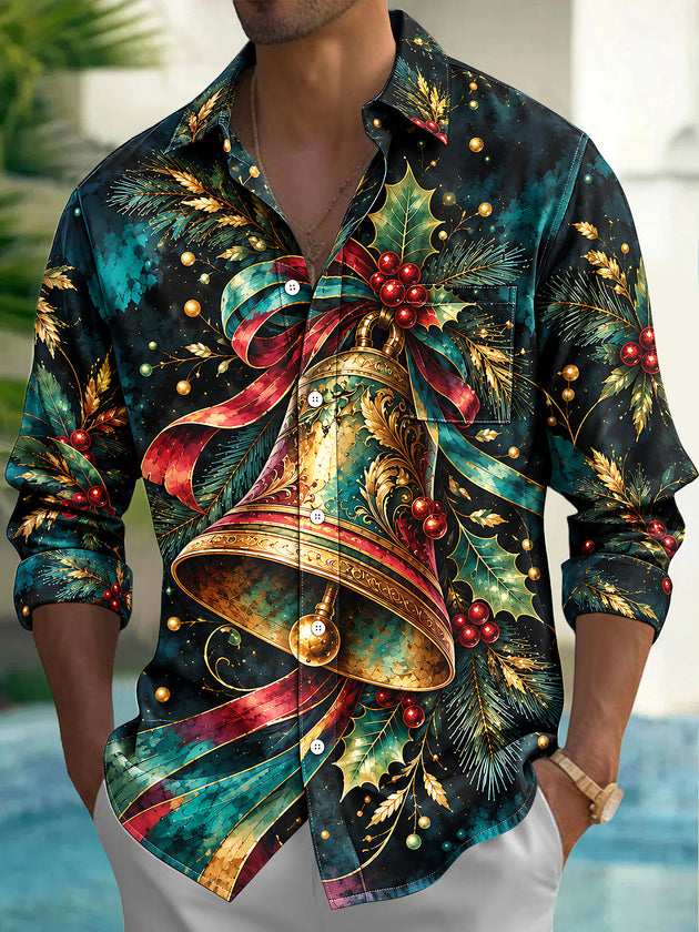 Adaychic Men's Hawaiian Christmas Bells And Holly Print Long Sleeve Shirt with Chest Pocket