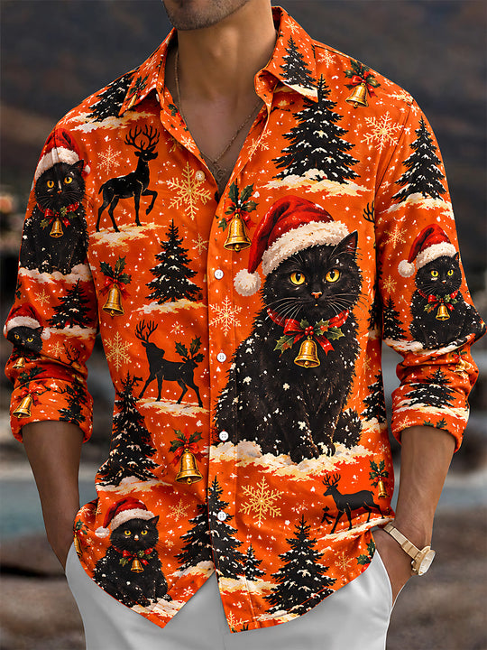 Adaychic Men's Long Sleeve Shirt - Black Cats With Santa Hats And Christmas Trees Print with Chest Pocket