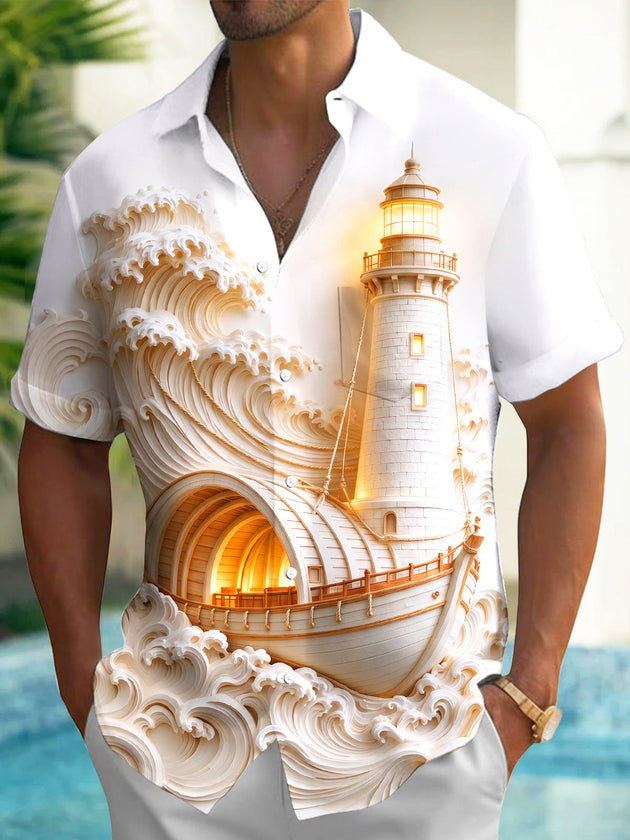 Adaychic Men's Lighthouse Ancient Ship And Waves Print Short Sleeve Shirt with Chest Pocket
