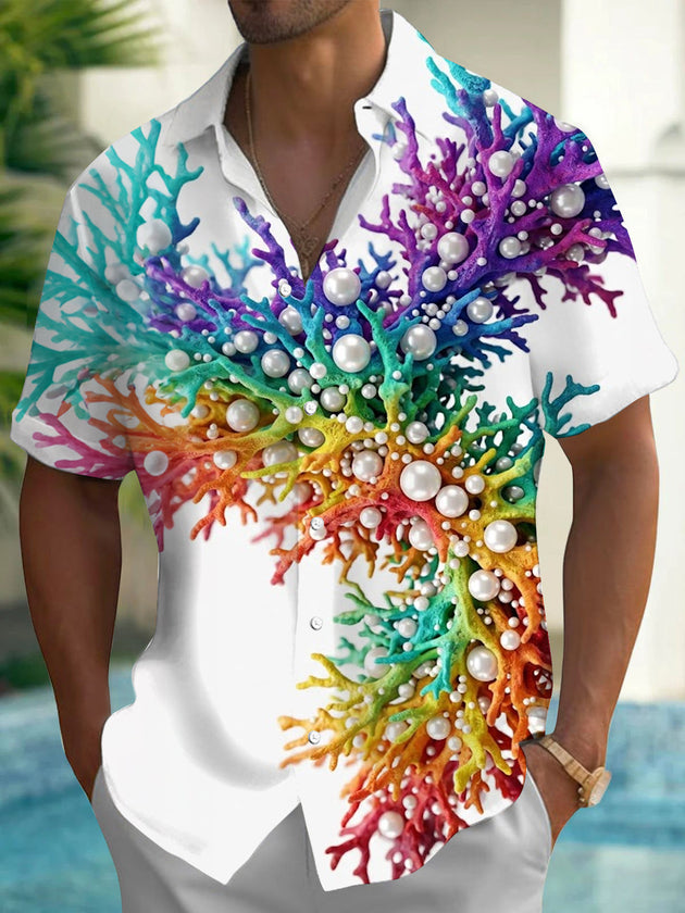 Adaychic Men's Hawaiian Colorful Coral And Pearls Print Short Sleeve Shirt with Chest Pocket