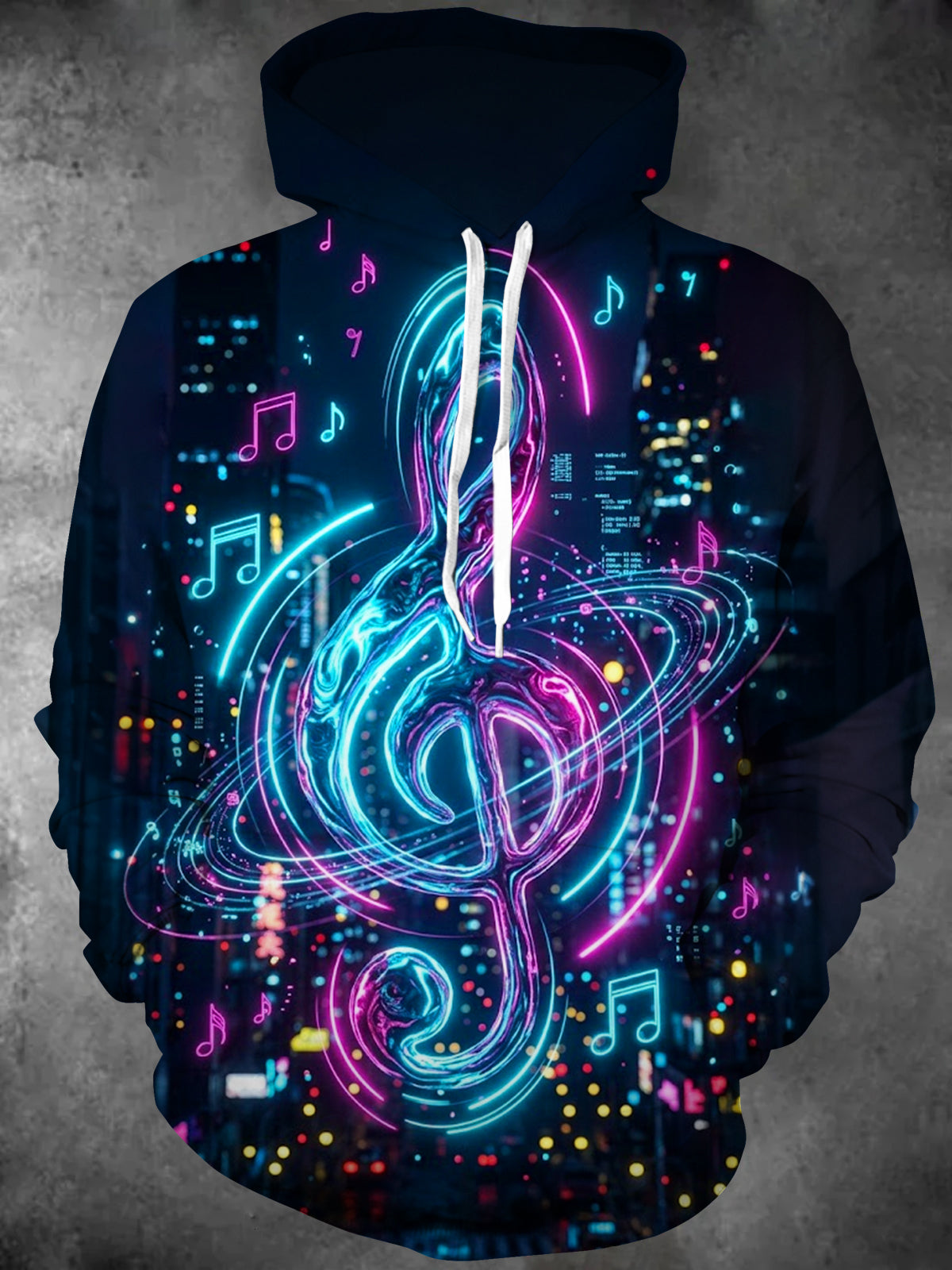 Adaychic Men's Neon Treble Clef And Musical Notes Print Long Sleeve Hoodie