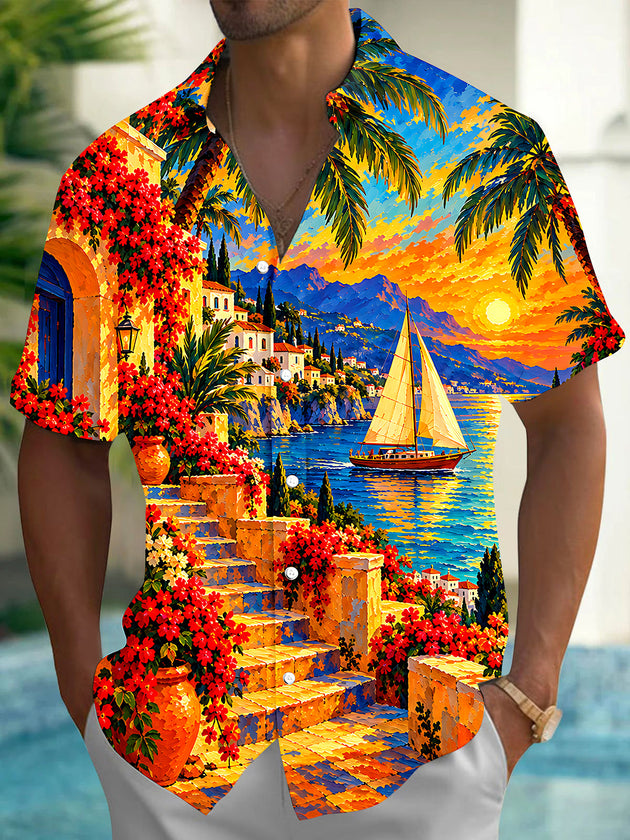 Adaychic Men's Short Sleeve Shirt - Coastal Sunset Sailboat And Mediterranean Architecture Print with Chest Pocket