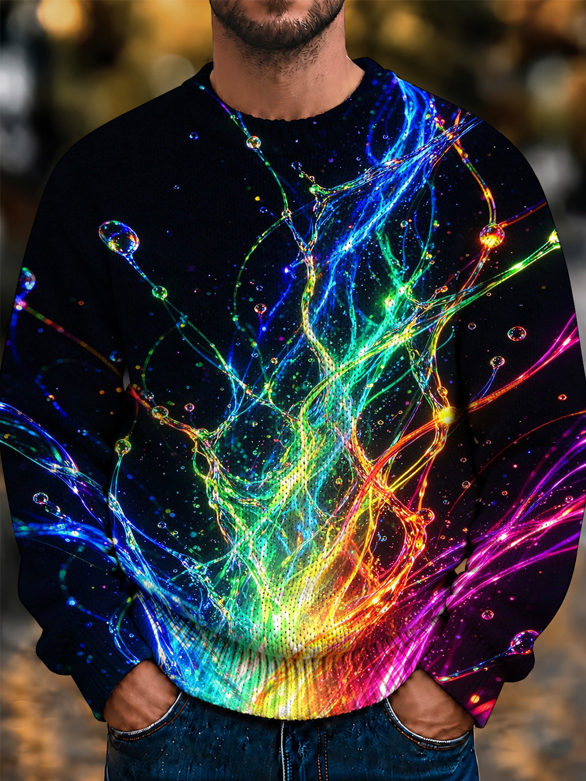 Adaychic Men's Long Sleeve Crew Neck Sweater - Abstract Neon Liquid Splashes And Bubbles Print