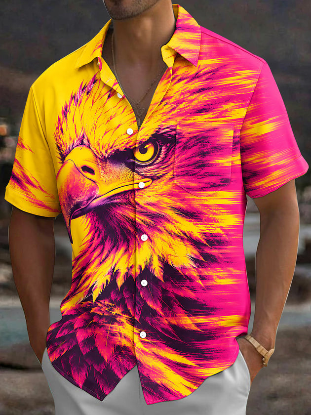 Adaychic Men's Hawaiian Eagle Head Print Short Sleeve Shirt with Chest Pocket