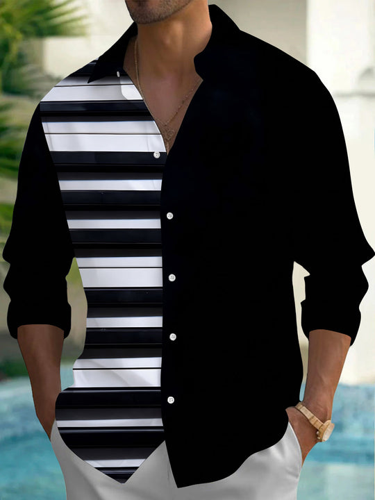 Adaychic Men's Black And White Horizontal Stripes Print Long Sleeve Shirt with Chest Pocket