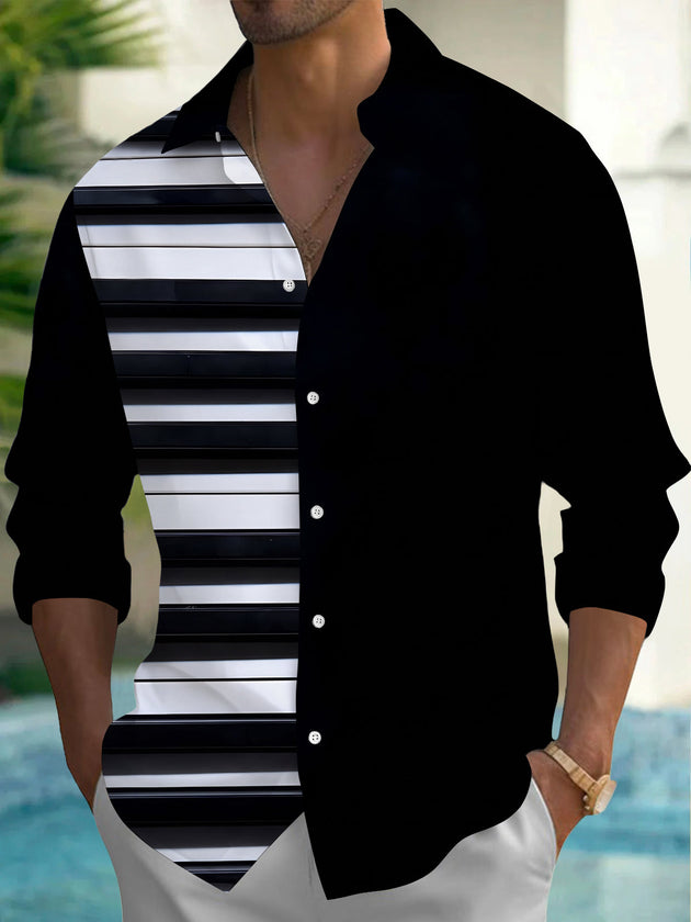 Adaychic Men's Black And White Horizontal Stripes Print Long Sleeve Shirt with Chest Pocket