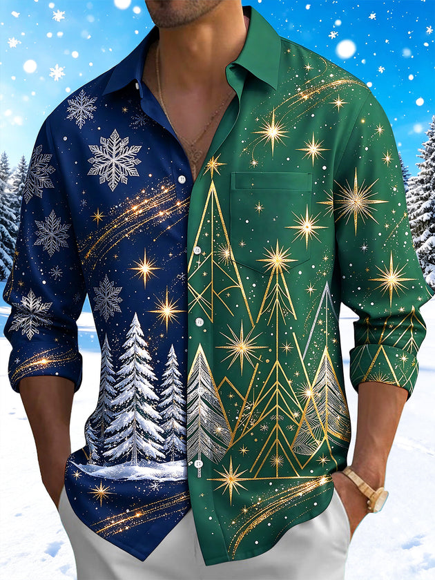 Adaychic Men's Long Sleeve Shirt - Color Block Christmas Trees And Golden Stars Print with Chest Pocket