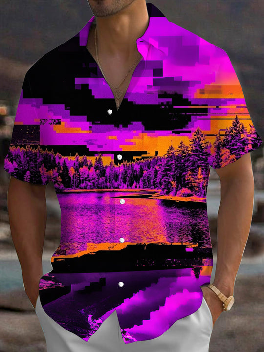 Adaychic Men's Retro Pixelated Forest Lake Scenery Print Short Sleeve Shirt with Chest Pocket