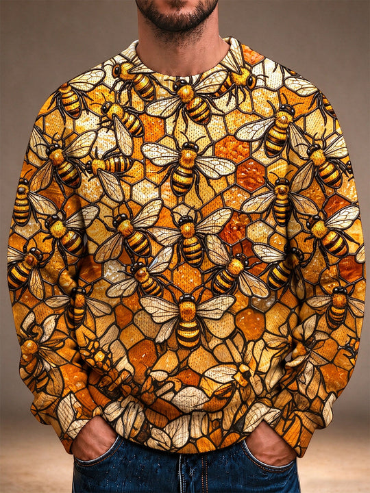 Adaychic Men's Bee And Honeycomb Pattern Long Sleeve Crew Neck Sweater