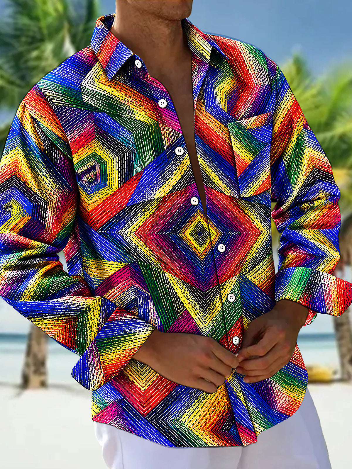 Adaychic Men's Patterned Colorful Geometric Spiral Pattern Long Sleeve Shirt with Chest Pocket