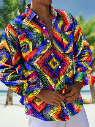 Adaychic Men's Patterned Colorful Geometric Spiral Pattern Long Sleeve Shirt with Chest Pocket