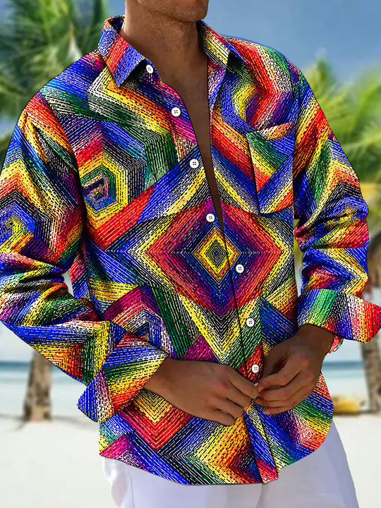 Adaychic Men's Patterned Colorful Geometric Spiral Pattern Long Sleeve Shirt with Chest Pocket