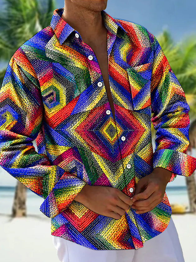 Adaychic Men's Patterned Colorful Geometric Spiral Pattern Long Sleeve Shirt with Chest Pocket