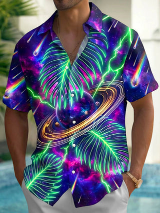 Adaychic Men's Neon Palm Leaves And Galaxy Planet Print Short Sleeve Shirt with Chest Pocket