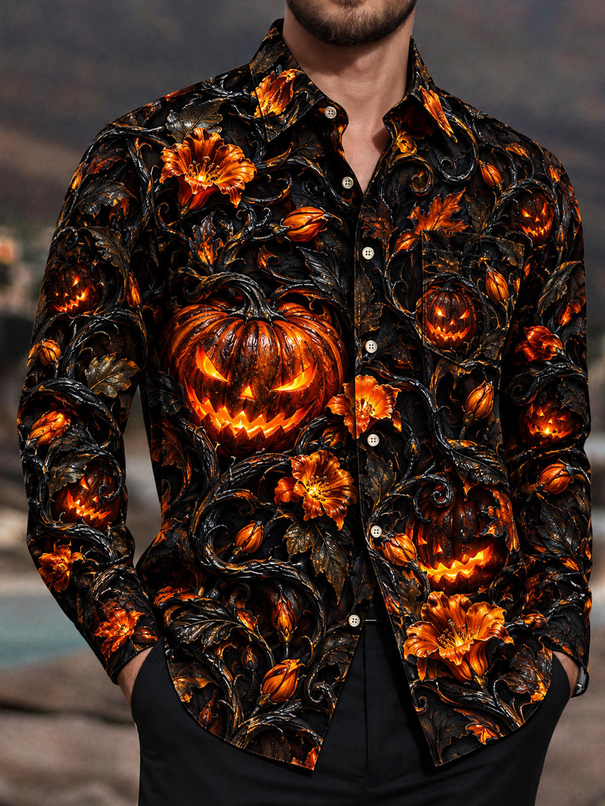 Adaychic Men's Long Sleeve Shirt - Halloween Jack-o-lanterns And Floral Vines Print with Chest Pocket