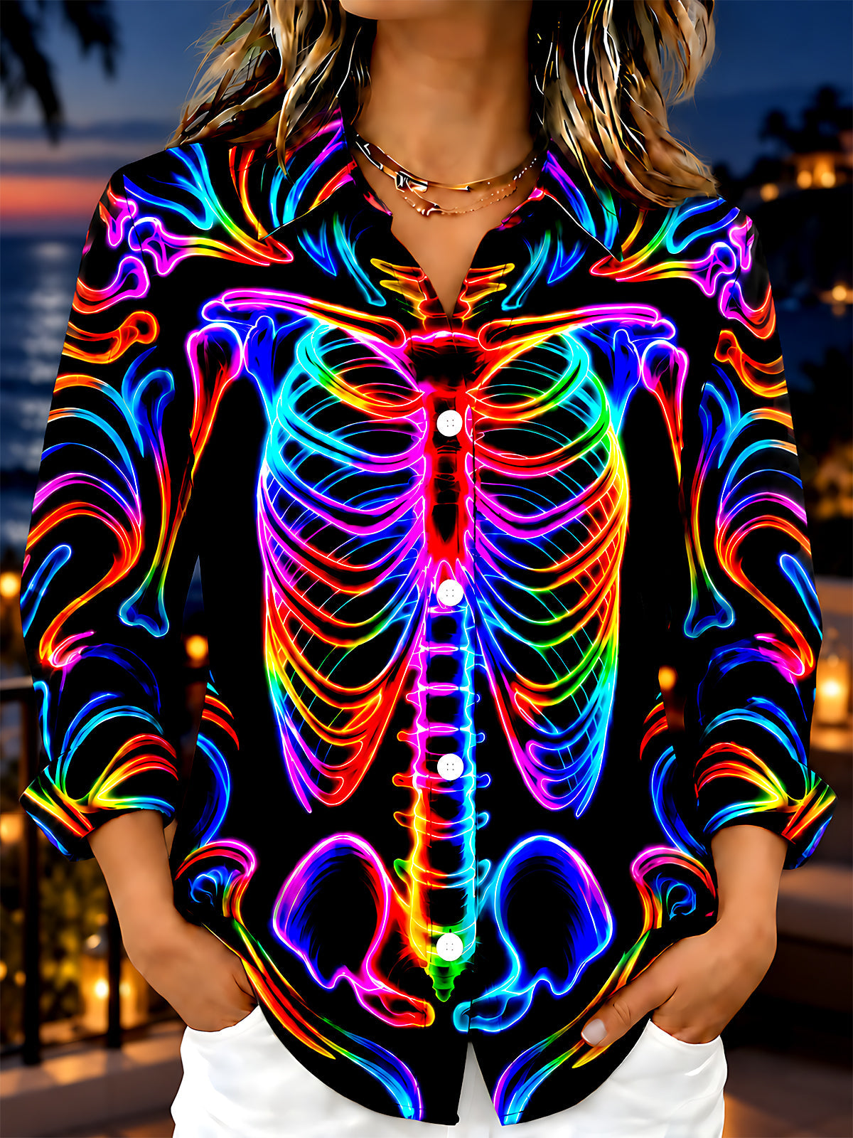 Adaychic Women's Graphic Neon Rainbow Skeleton Print Long Sleeve Shirt