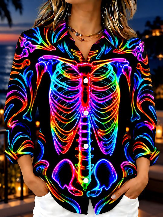 Adaychic Women's Graphic Neon Rainbow Skeleton Print Long Sleeve Shirt