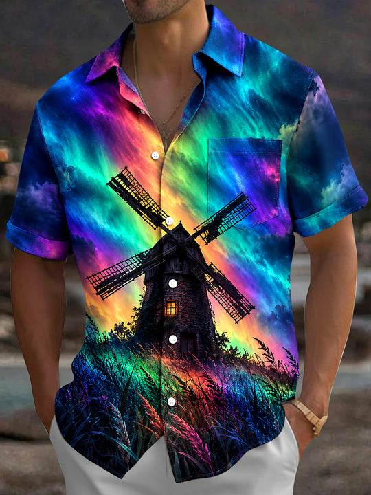 Adaychic Men's Windmill And Aurora Borealis Sky Print Short Sleeve Shirt with Chest Pocket