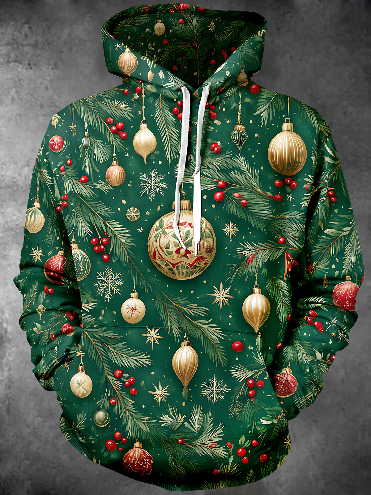 Adaychic Men's Christmas Ornaments And Pine Branches Print Long Sleeve Hoodie