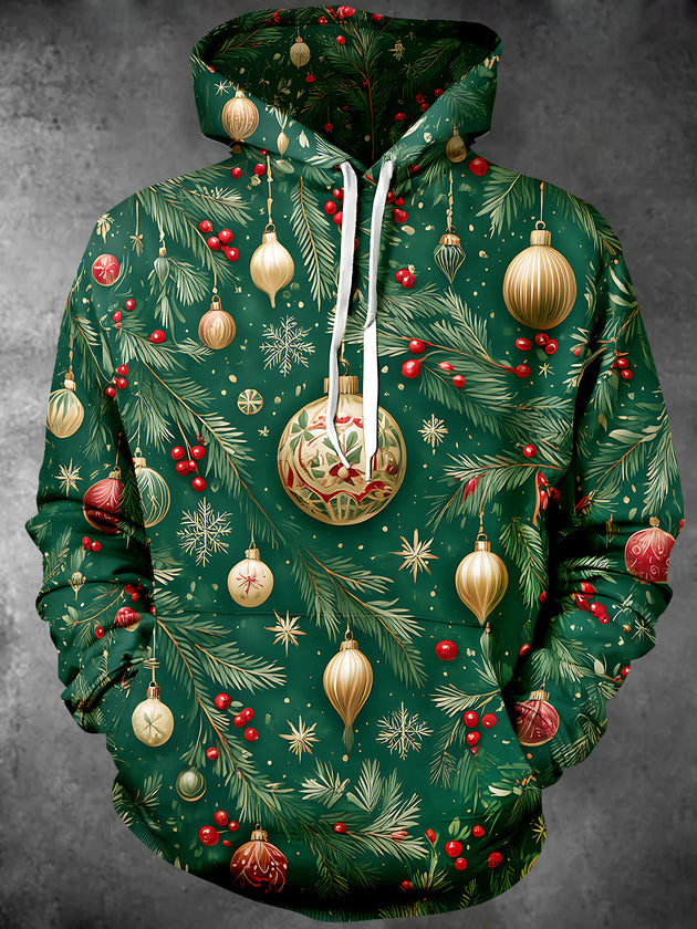 Adaychic Men's Christmas Ornaments And Pine Branches Print Long Sleeve Hoodie