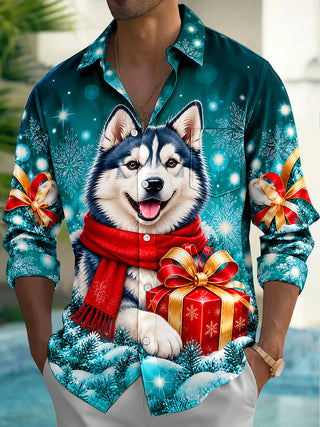 Adaychic Men's Long Sleeve Shirt - Christmas Husky Dog With Red Scarf And Gift Box Print with Chest Pocket