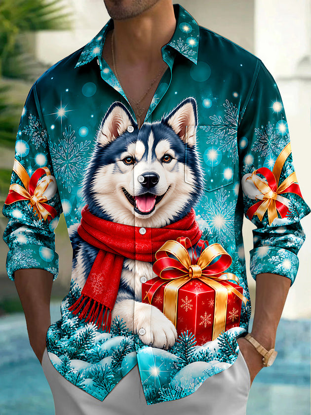 Adaychic Men's Long Sleeve Shirt - Christmas Husky Dog With Red Scarf And Gift Box Print with Chest Pocket