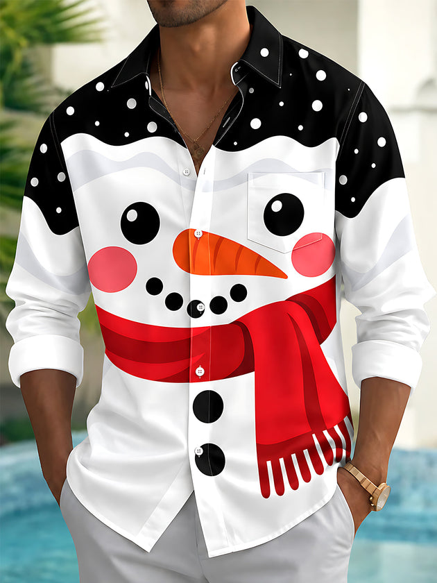 Adaychic Men's Graphic Snowman Print Christmas Print Long Sleeve Shirt with Chest Pocket